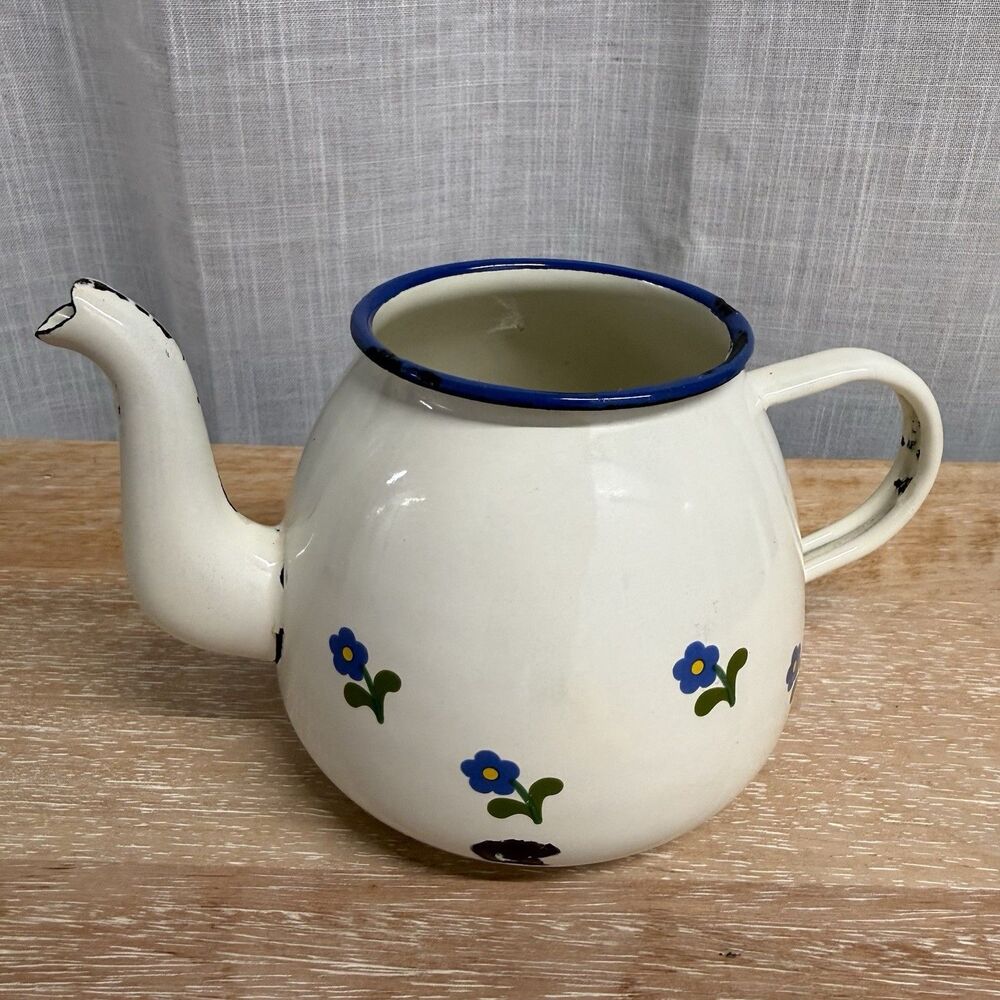 Vintage Enamel Tea Pot Münder-Email Germany No Lid White, Blue Flowers, Planter